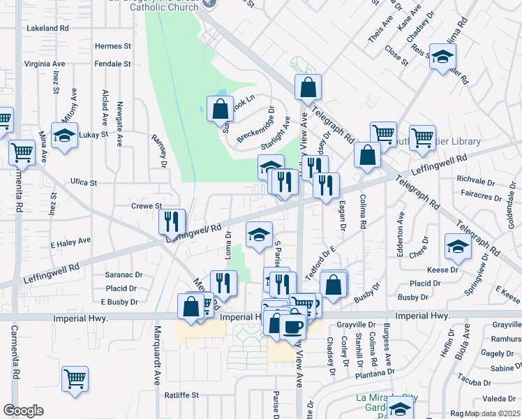 map of restaurants, bars, coffee shops, grocery stores, and more near 14053 Leffingwell Road in Whittier