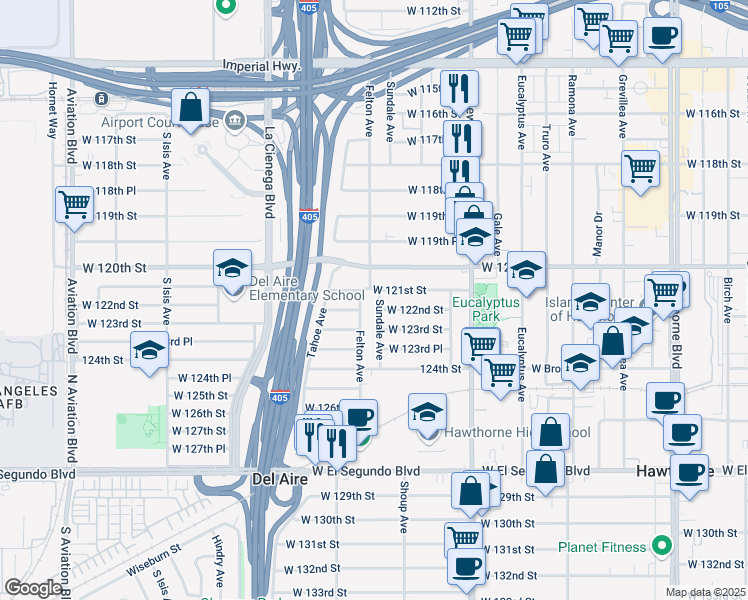 map of restaurants, bars, coffee shops, grocery stores, and more near 4939 West 122nd Street in Hawthorne