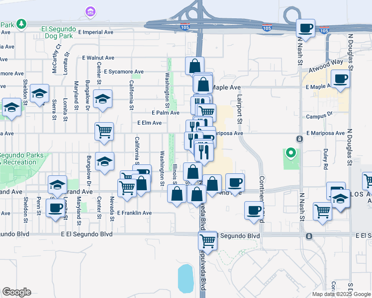 map of restaurants, bars, coffee shops, grocery stores, and more near 1711 East Pine Avenue in El Segundo