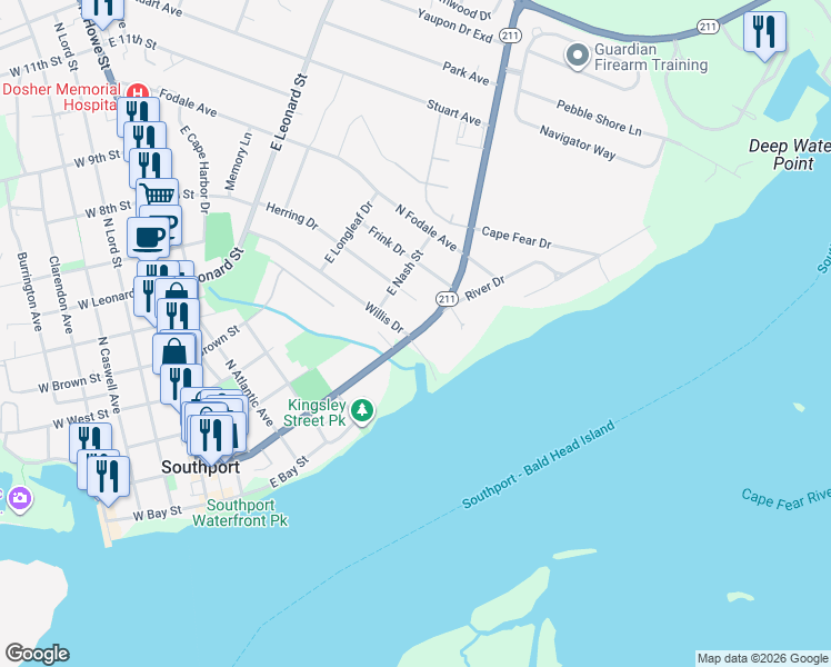 map of restaurants, bars, coffee shops, grocery stores, and more near 712 East Moore Street in Southport