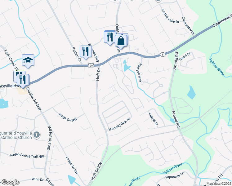 map of restaurants, bars, coffee shops, grocery stores, and more near 121 Irwell Path in Lawrenceville