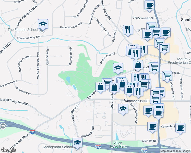 map of restaurants, bars, coffee shops, grocery stores, and more near 150 Angus Trail Northeast in Atlanta