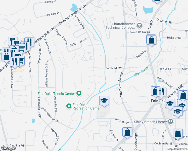map of restaurants, bars, coffee shops, grocery stores, and more near West Booth Road Extension Southwest & E Post Oak Crossing Southwest in Marietta