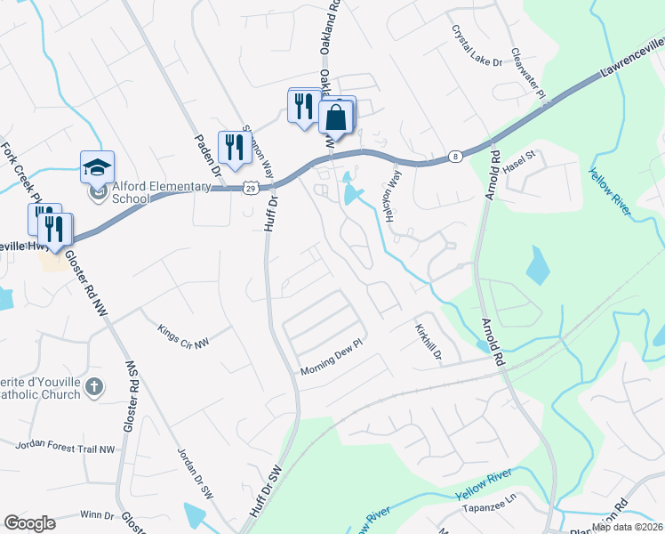map of restaurants, bars, coffee shops, grocery stores, and more near 121 Irwell Path in Lawrenceville