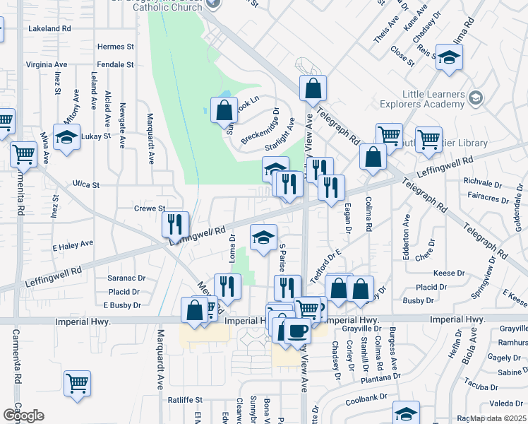 map of restaurants, bars, coffee shops, grocery stores, and more near 14101 Leffingwell Road in Whittier