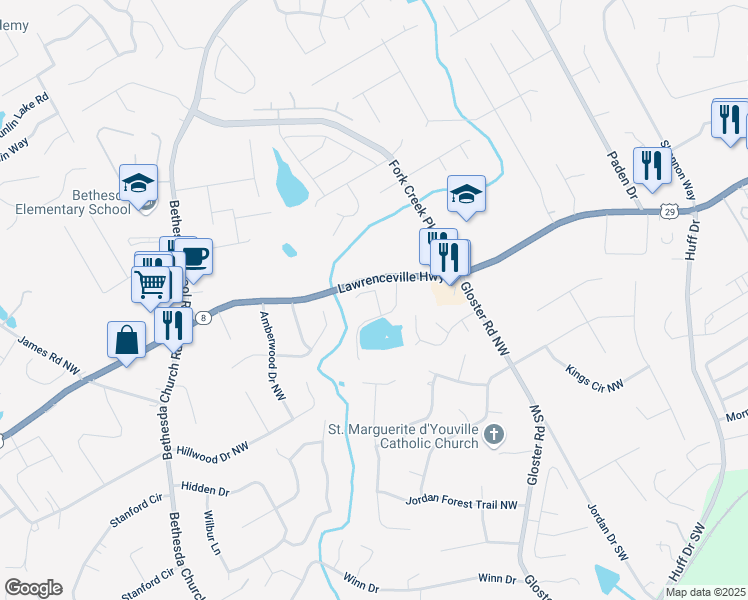map of restaurants, bars, coffee shops, grocery stores, and more near 314 Oldvine Drive in Lawrenceville