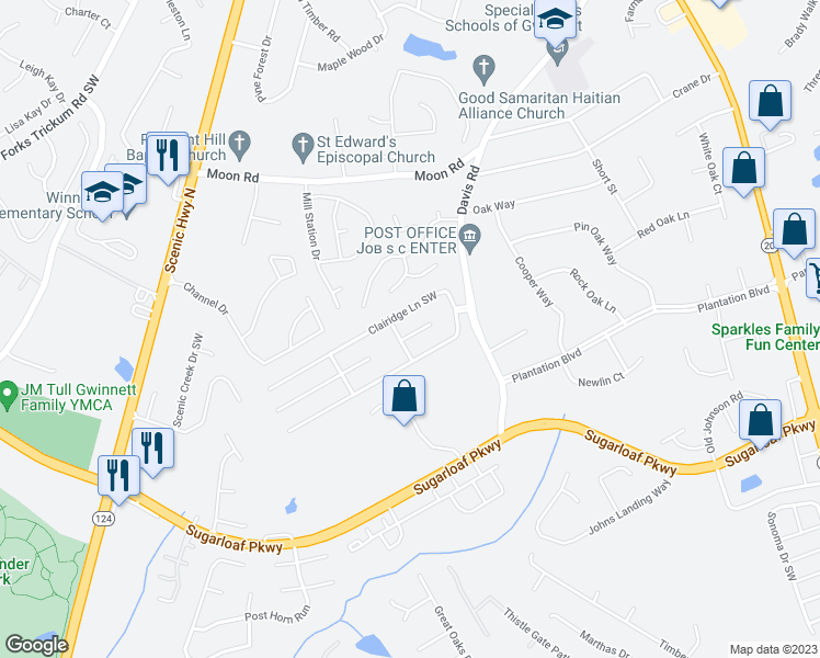 map of restaurants, bars, coffee shops, grocery stores, and more near 773 Clairidge Oak Court in Lawrenceville