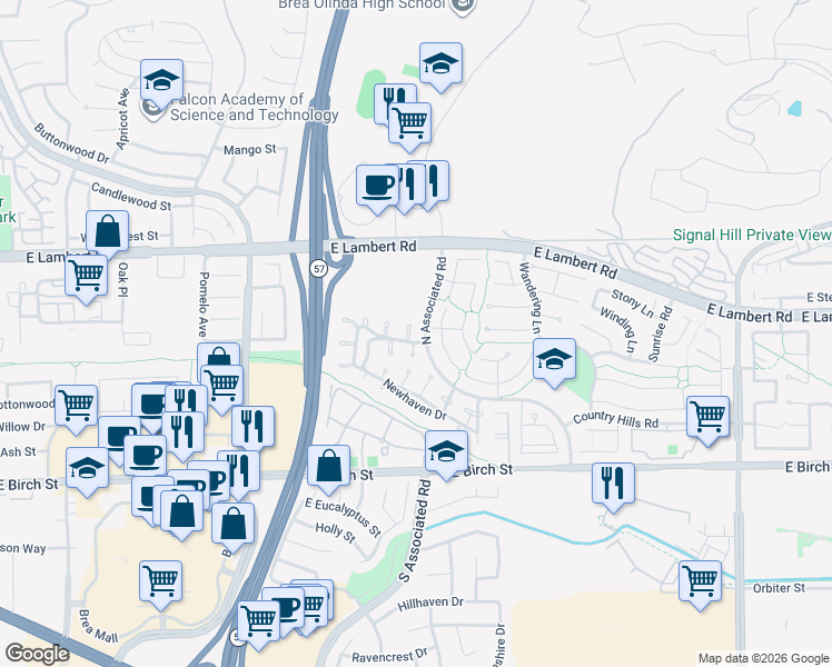 map of restaurants, bars, coffee shops, grocery stores, and more near 276 Creekwood Court in Brea