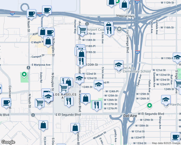 map of restaurants, bars, coffee shops, grocery stores, and more near 5509 West 122nd Street in Hawthorne