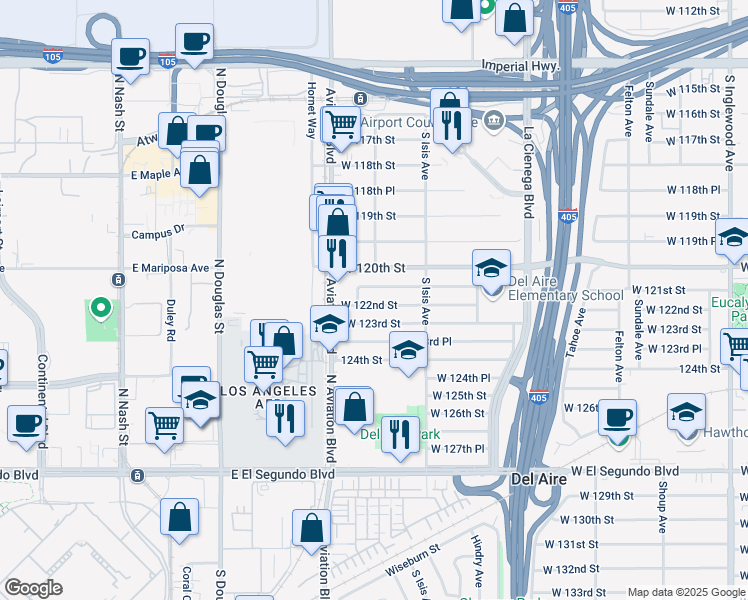 map of restaurants, bars, coffee shops, grocery stores, and more near 5509 West 122nd Street in Hawthorne