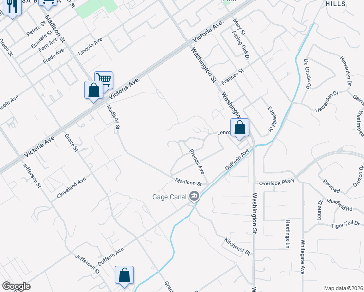 map of restaurants, bars, coffee shops, grocery stores, and more near 2390 Prenda Avenue in Riverside