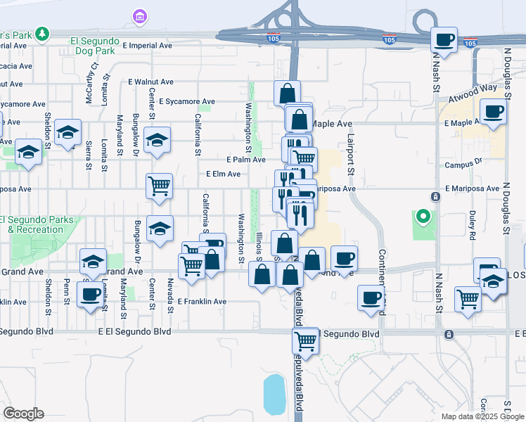 map of restaurants, bars, coffee shops, grocery stores, and more near 1711 East Pine Avenue in El Segundo