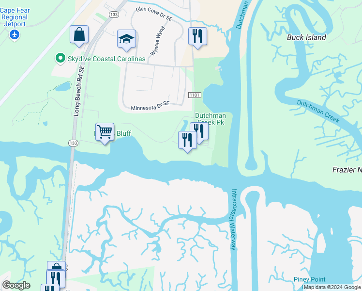 map of restaurants, bars, coffee shops, grocery stores, and more near 5002 O'Quinn Boulevard Southeast in Southport