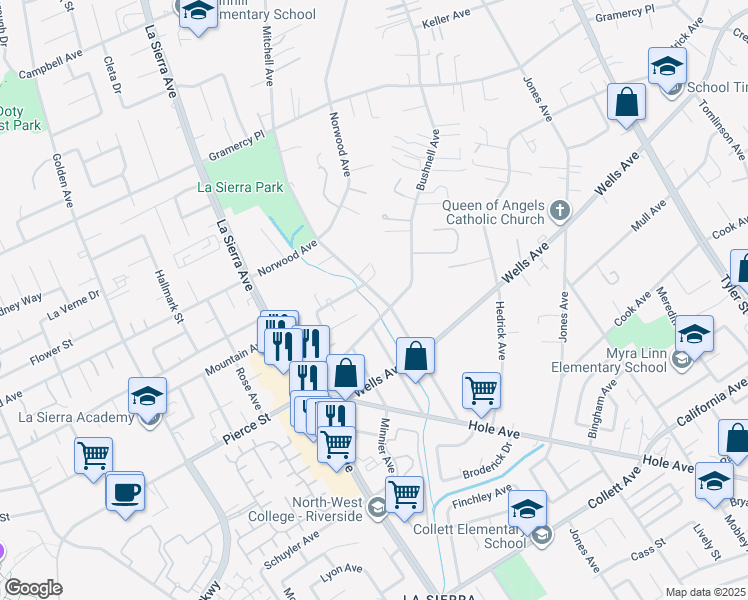 map of restaurants, bars, coffee shops, grocery stores, and more near 4940 Mitchell Avenue in Riverside