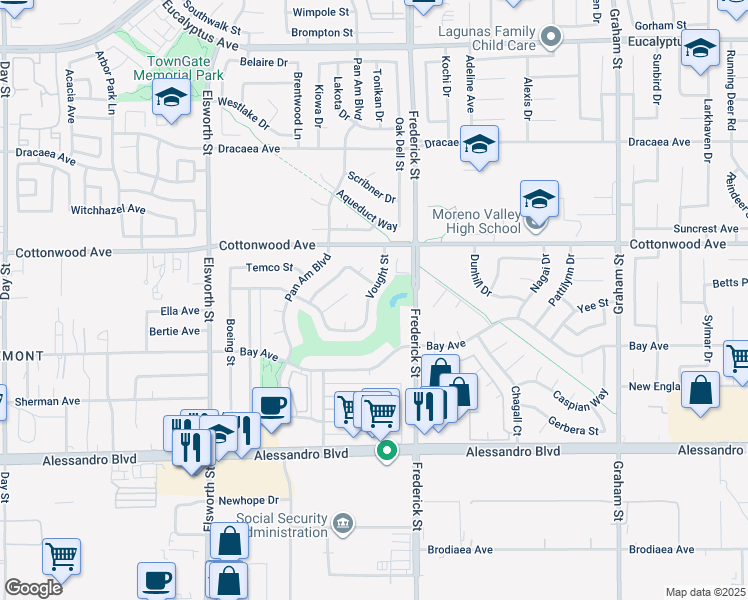 map of restaurants, bars, coffee shops, grocery stores, and more near 22959 Vought Street in Moreno Valley