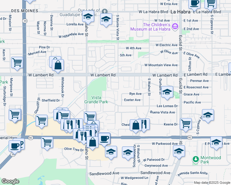 map of restaurants, bars, coffee shops, grocery stores, and more near 831 Las Lomas Drive in La Habra