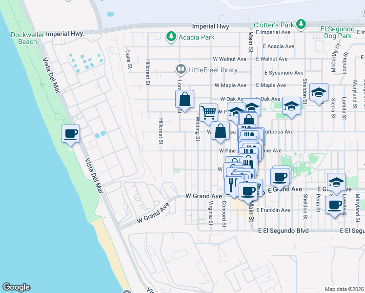 map of restaurants, bars, coffee shops, grocery stores, and more near 507 Loma Vista Street in El Segundo