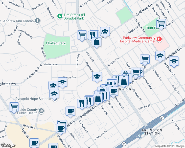 map of restaurants, bars, coffee shops, grocery stores, and more near 4006 Sequoia Street in Riverside