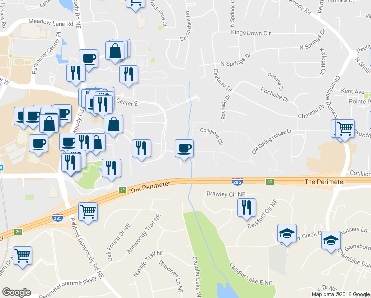 map of restaurants, bars, coffee shops, grocery stores, and more near 4340 Old Georgetown Trail in Dunwoody