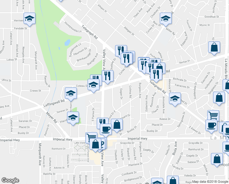 map of restaurants, bars, coffee shops, grocery stores, and more near 11818 Corley Drive in Whittier