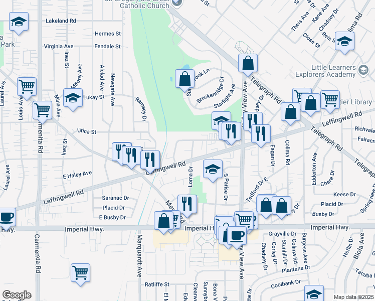 map of restaurants, bars, coffee shops, grocery stores, and more near 11827 Loma Drive in Whittier