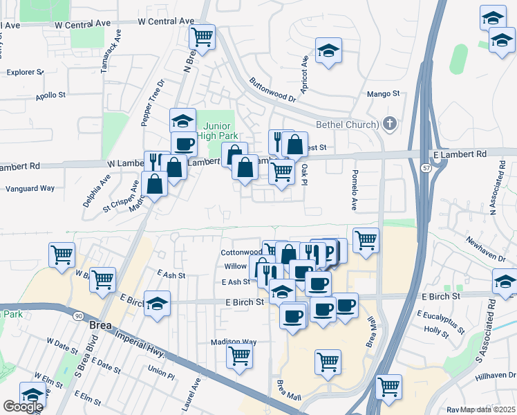 map of restaurants, bars, coffee shops, grocery stores, and more near 320 Thor Place in Brea
