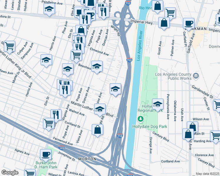 map of restaurants, bars, coffee shops, grocery stores, and more near 11251 Wright Road in Lynwood