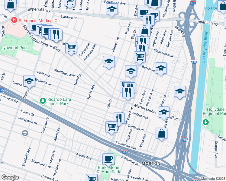 map of restaurants, bars, coffee shops, grocery stores, and more near 4264 Shirley Avenue in Lynwood