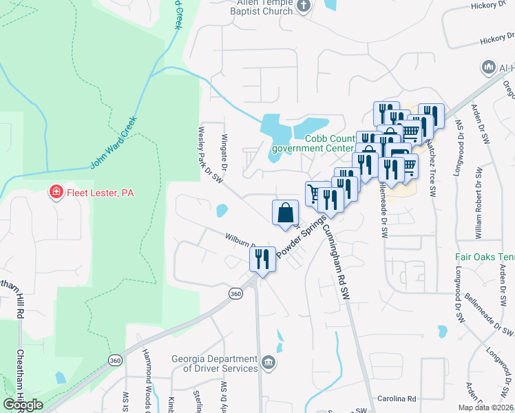 map of restaurants, bars, coffee shops, grocery stores, and more near 1010 Wesley Park Drive Southwest in Marietta