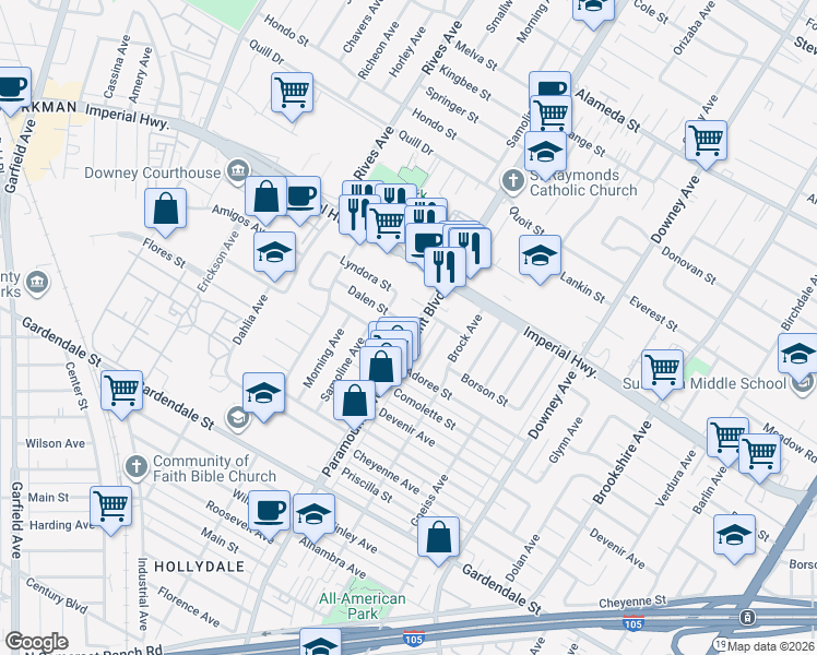 map of restaurants, bars, coffee shops, grocery stores, and more near 12732 Orilla Avenue in Downey