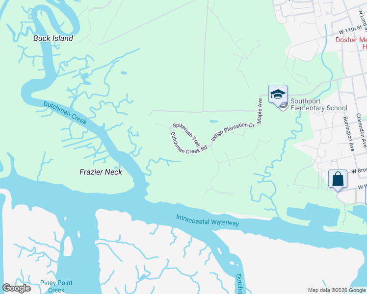 map of restaurants, bars, coffee shops, grocery stores, and more near 6013 Dutchman Creek Road in Southport