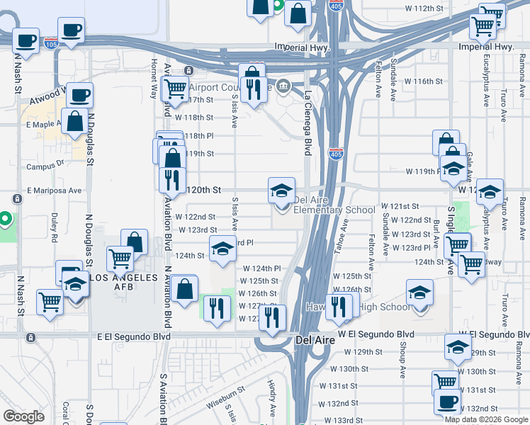 map of restaurants, bars, coffee shops, grocery stores, and more near 5309 West 122nd Street in Hawthorne