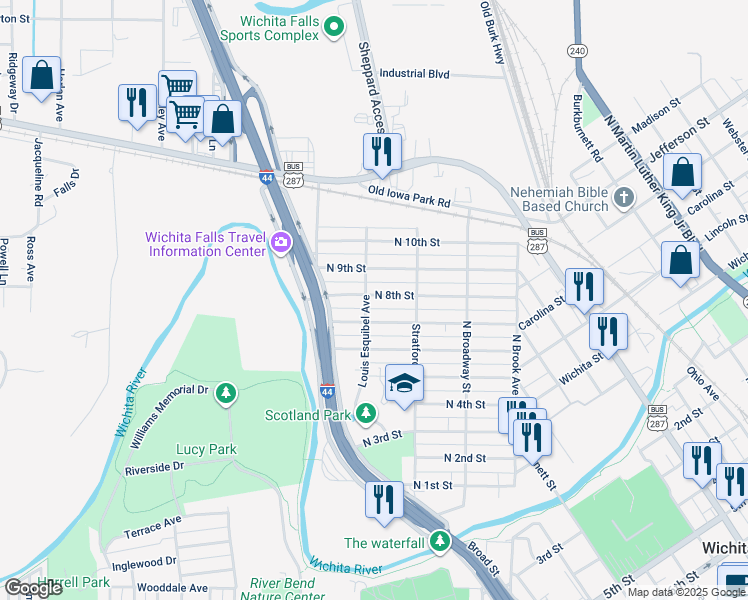 map of restaurants, bars, coffee shops, grocery stores, and more near 1421 North 8th Street in Wichita Falls
