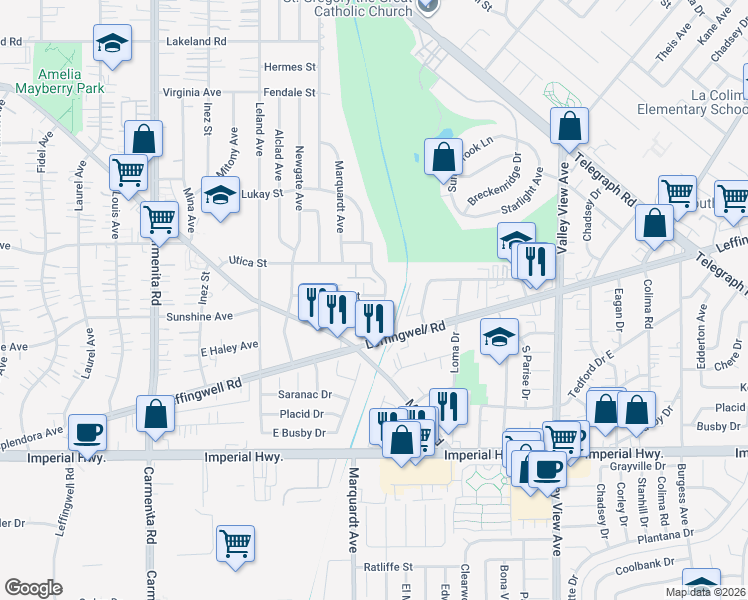 map of restaurants, bars, coffee shops, grocery stores, and more near 13828 Crewe Street in Whittier