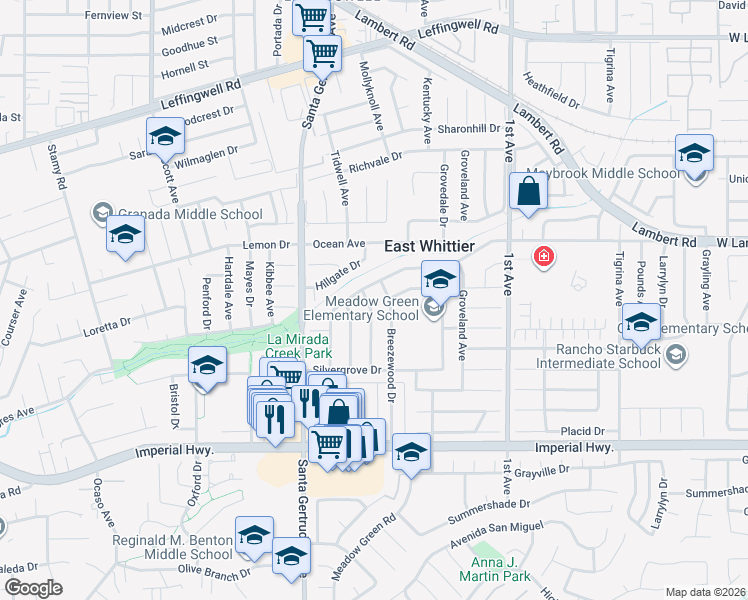 map of restaurants, bars, coffee shops, grocery stores, and more near 12014 Clearglen Avenue in Whittier