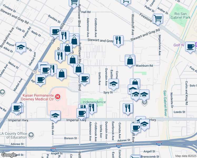 map of restaurants, bars, coffee shops, grocery stores, and more near 12163 Izetta Avenue in Downey
