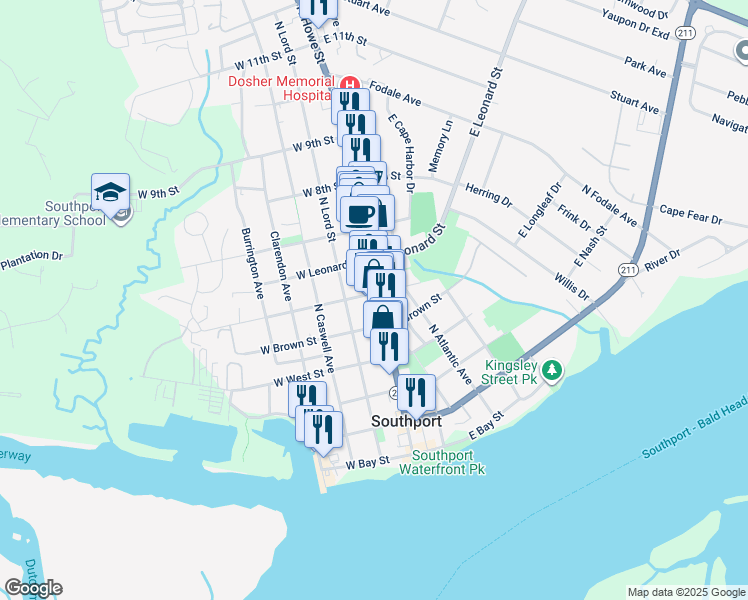 map of restaurants, bars, coffee shops, grocery stores, and more near 105 West Saint George Street in Southport