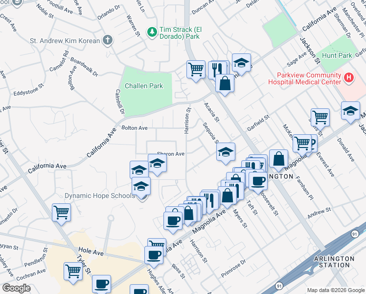 map of restaurants, bars, coffee shops, grocery stores, and more near 4080 Harrison Street in Riverside