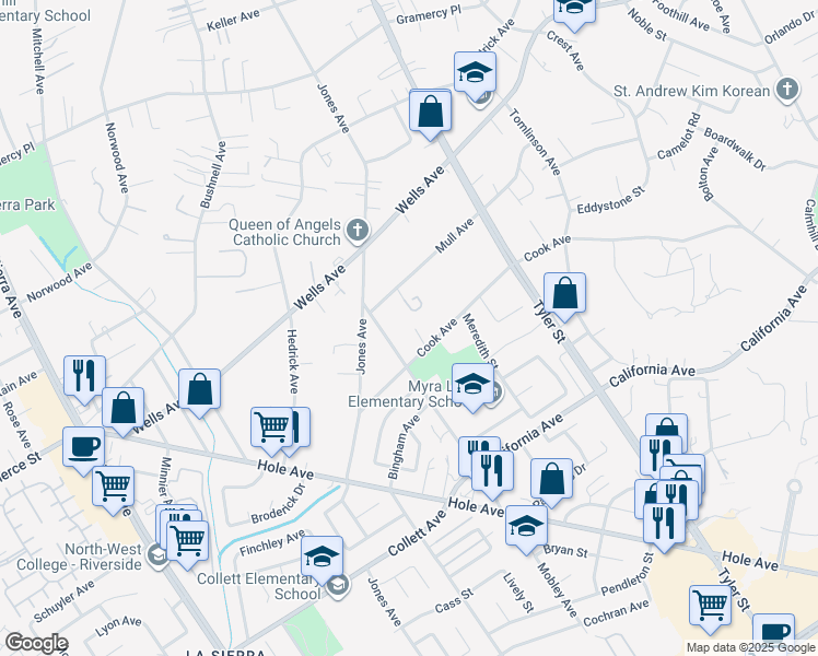 map of restaurants, bars, coffee shops, grocery stores, and more near 4611 Duarte Court in Riverside