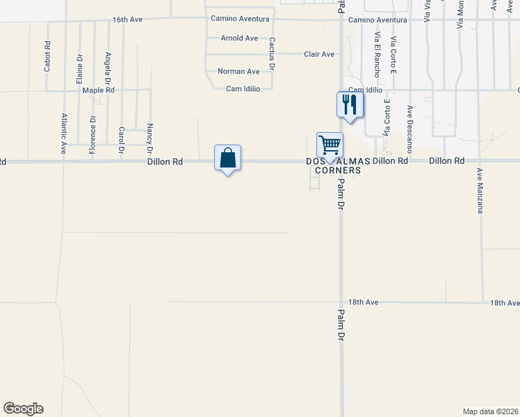 map of restaurants, bars, coffee shops, grocery stores, and more near Dillon Road in Desert Hot Springs