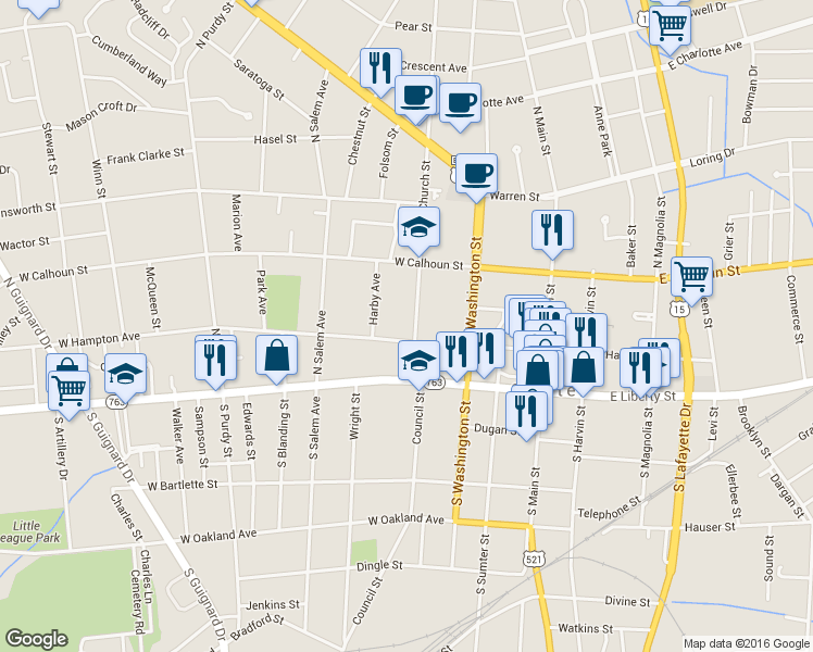map of restaurants, bars, coffee shops, grocery stores, and more near 106 Church Street in Sumter