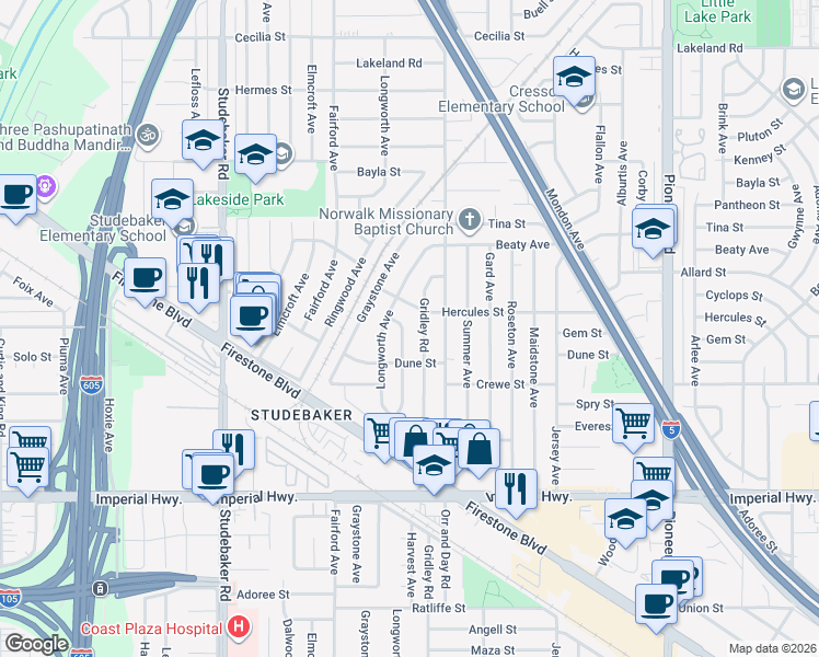 map of restaurants, bars, coffee shops, grocery stores, and more near 12046 Harvest Avenue in Norwalk