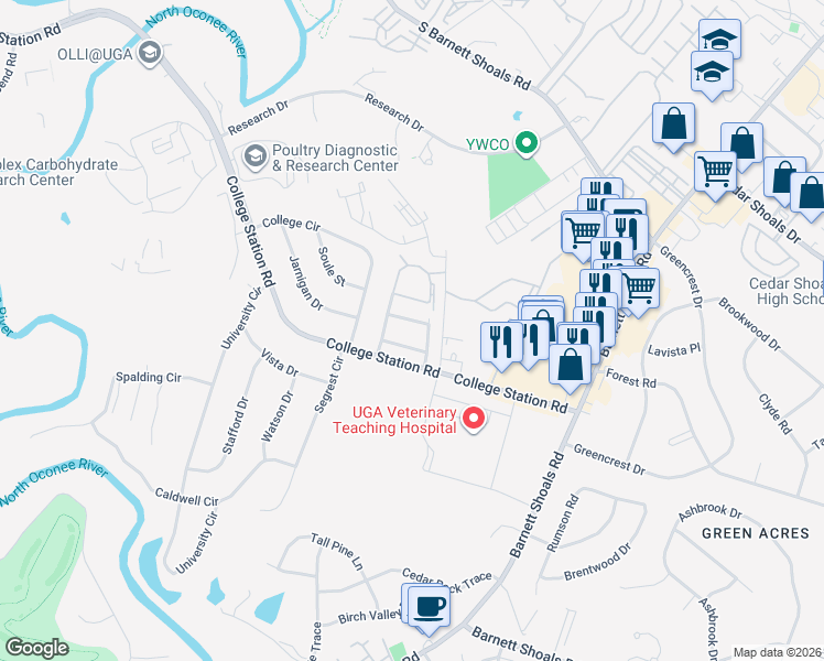 map of restaurants, bars, coffee shops, grocery stores, and more near 144 Sandburg Street in Athens