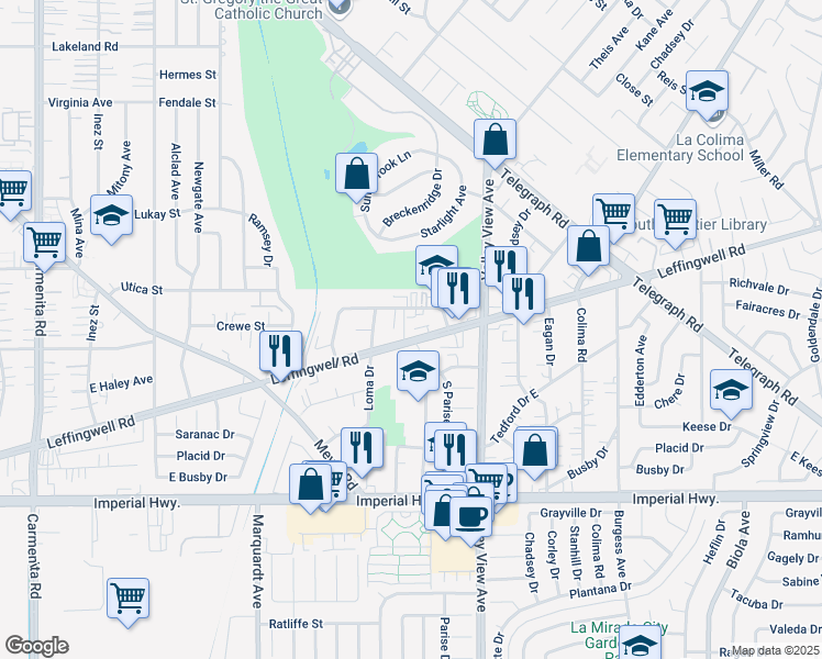 map of restaurants, bars, coffee shops, grocery stores, and more near 14053 Leffingwell Road in Whittier