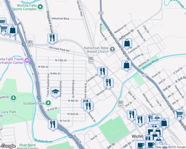 map of restaurants, bars, coffee shops, grocery stores, and more near 703 North Lamar Street in Wichita Falls