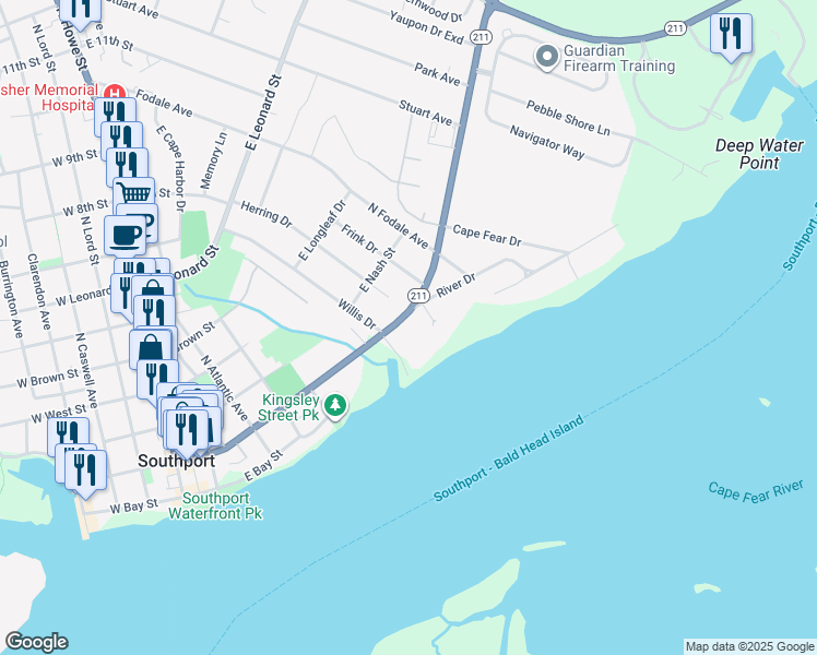 map of restaurants, bars, coffee shops, grocery stores, and more near 712 East Moore Street in Southport