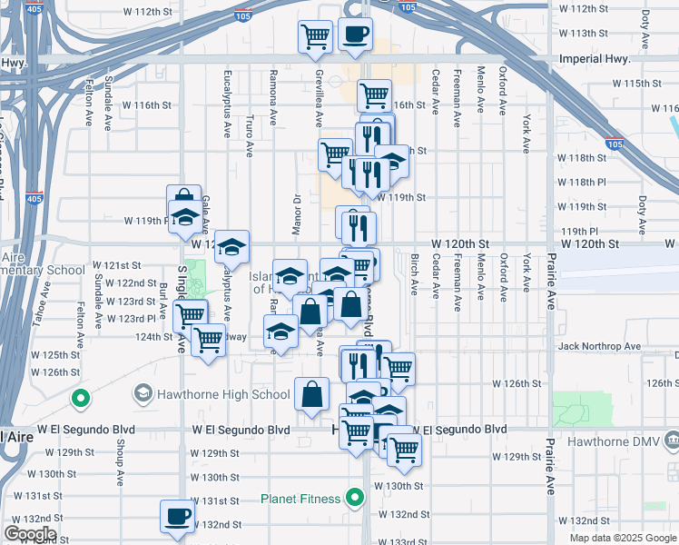map of restaurants, bars, coffee shops, grocery stores, and more near 12116 Grevillea Avenue in Hawthorne
