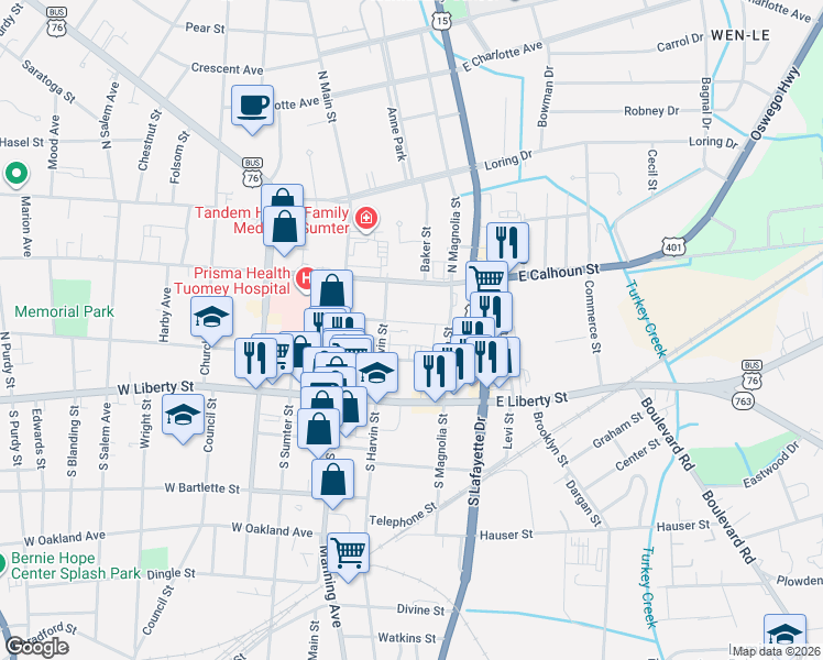 map of restaurants, bars, coffee shops, grocery stores, and more near 115 North Harvin Street in Sumter