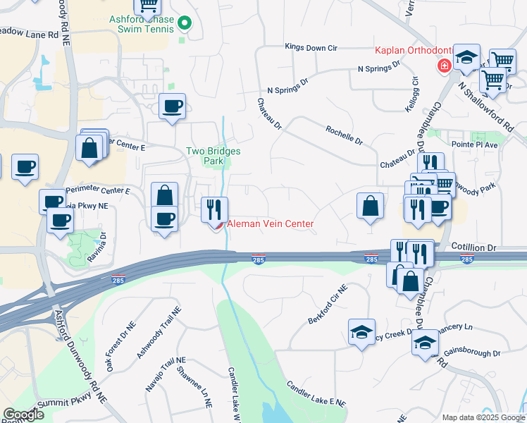 map of restaurants, bars, coffee shops, grocery stores, and more near 1508 Old Spring House Lane in Dunwoody