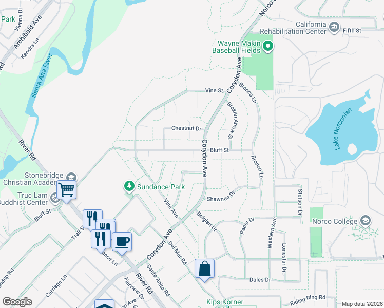 map of restaurants, bars, coffee shops, grocery stores, and more near 3532 Bluff Street in Norco